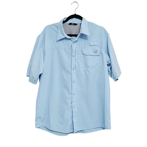 Wrangler Button Up Fishing Shirt  Size Large Blue Polyester Blend Short Sleeve - Picture 1 of 3